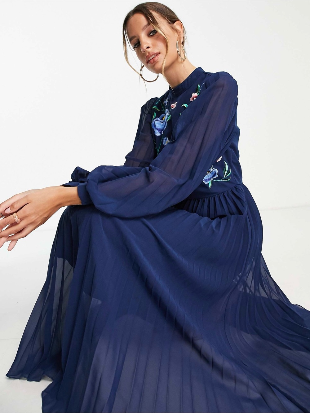 ASOS Tall | High Neck Pleated Navy Embroidered Long Sleeve Skater Dress ~ US 8